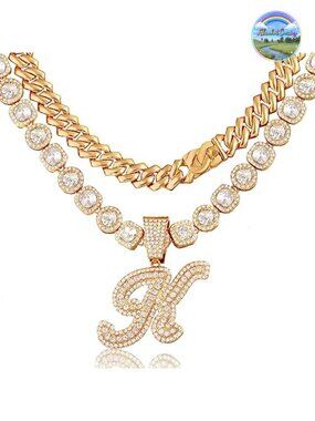 Cuban Link Chain Set for Women Rhinestone Initial Necklace 14mm Cursive Hip Hop